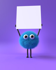 3d cute monster holding up a blank sign,colorful cartoon character,empty banner