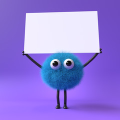 3d cute monster holding up a blank sign,colorful cartoon character,empty banner