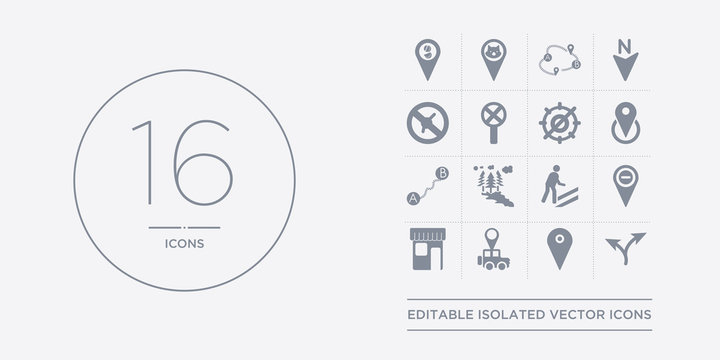 16 vector icons set such as map layer, map pin, map transports, marked place, minus location contains motion, national park pin, navigation trajectory, nearby. layer, pin, transports from maps and