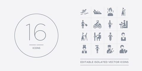 16 vector icons set such as woman healthy treatment, woman in art, woman in love, in medicine, politics contains lawyer, make up, painting, reading. healthy treatment, art, love from ladies outline
