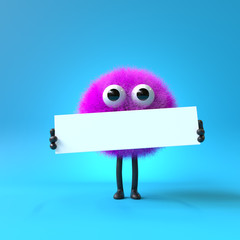 3d cute monster holding up a blank sign,colorful cartoon character,empty banner