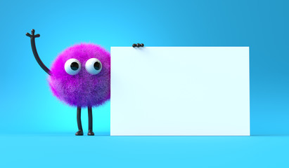 3d cute monster holding up a blank sign,colorful cartoon character,empty banner © Jane