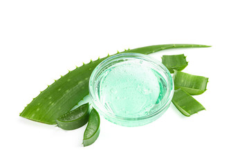 Composition with natural treatment accessories isolated on white background. Aloe vera