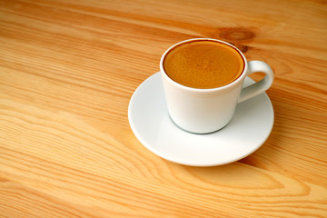 One Cup of Hot Espresso Coffee Served on Wooden Table with Free Space for Text and Design