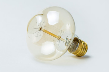 Edison bulb on white background. Vintage light bulb with golden base.