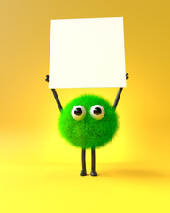 3d cute monster holding up a blank sign,colorful cartoon character,empty banner