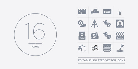 16 vector icons set such as spotlight, stage, storyboard, studio, subtitle contains theatre, ticket, ticket office, ticket window. spotlight, stage, storyboard from cinema outline icons