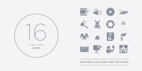 16 vector icons set such as premiere, producer, projector screen, prompt box, puppet contains scenario, seat, seats, shakespeare. premiere, producer, projector screen from cinema outline icons