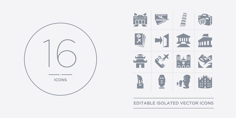 16 vector icons set such as milan, moai, moais, monument, mountain contains notre dame, outbound, pagoda, pantheon. milan, moai, moais from architecture and travel outline icons