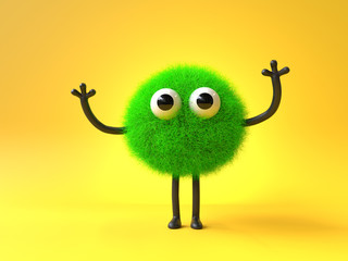 3d cute monster holding up a blank sign,colorful cartoon character,empty banner