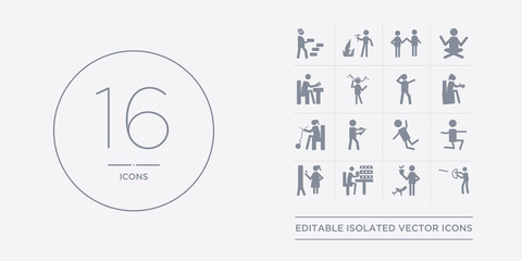 16 vector icons set such as hunting, hydroponics, insect collecting, jewelry making, jumping contains jumping to the water, knife making, knitting, lace making. hunting, hydroponics, insect