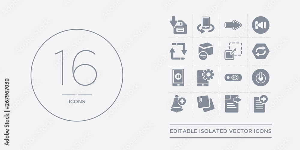 Poster 16 vector icons set such as new file, next page, note, notification, off contains on, options, pause