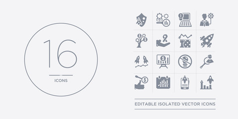 16 vector icons set such as quality, quick, rate, reaction, resources contains restrict, rise, rivalry, rocket. quality, quick, rate from startup outline icons