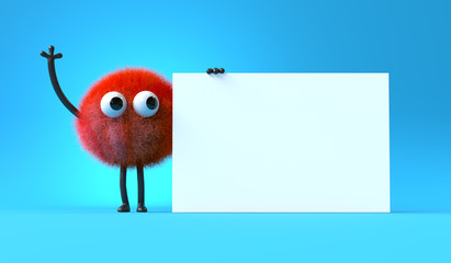 3d cute monster holding up a blank sign,colorful cartoon character,empty banner © Jane