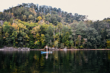 Fototapeta na wymiar Paddle Boarding on Lake in Nantahala National Forest in North Carolina in Autumn