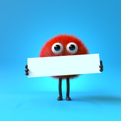 3d cute monster holding up a blank sign,colorful cartoon character,empty banner