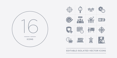 16 vector icons set such as analyze, appreciation, bar graph, break, bullseye with target contains businessman and tactics, calendar with deadlines, care, charging. analyze, appreciation, bar graph