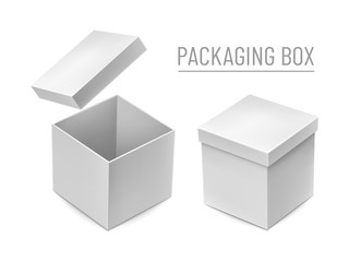 Opened and closed cardboard boxes mockups. Realistic white rectangle box for cosmetic products branding. Blank packaging box with cap isolated on white background 3d rendering vector illustration.