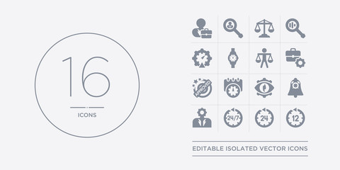 16 vector icons set such as 12 hours, 24 hours, 24/7, administrator, alarm contains appearance, appointment, approved, attrition. 12 hours, 24 24/7 from time managemnet outline icons