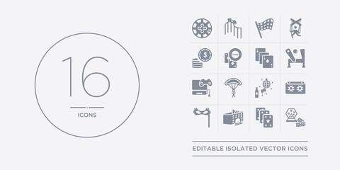 16 vector icons set such as lottery game, magic cards, mall, masquerade, music tape contains nightclub, paraplane, pc game, pinball. lottery game, magic cards, mall from arcade outline icons