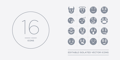 16 vector icons set such as rich emoji, sad emoji, sca emoji, sceptic secret contains shocked shushing shy sick rich sad sca from outline icons