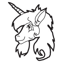 Cartoon doodle illustration of unicorn head portrait for t-shirt print design, postcards