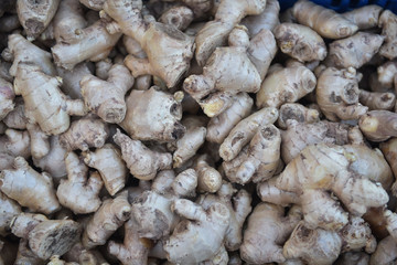Freshly harvested ginger for sale and cooking ingredients.