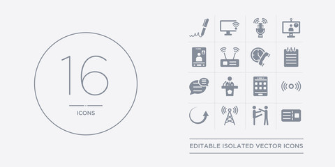 16 vector icons set such as postcard, quarrel, radio antenna, reply,   contains smartphone, speaking, speech bubble, text lines. postcard, quarrel, radio antenna from communication outline icons