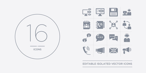 16 vector icons set such as announcement, arroba, bullhorn, call, call center contains chat, chat bubble, chatting, communication. announcement, arroba, bullhorn from communication outline icons
