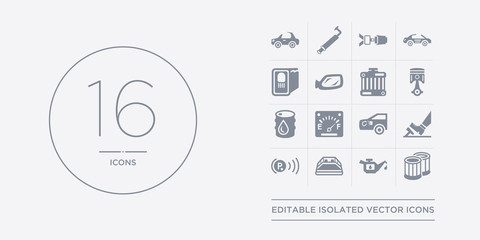 16 vector icons set such as car oil filter, car oil pump, car parcel shelf, parking light, pedal contains petrol cap, petrol gauge, petrol tank, piston. oil filter, pump, parcel shelf from parts