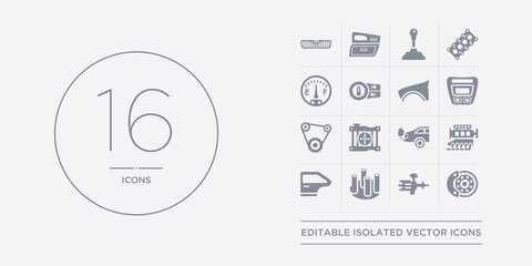 16 vector icons set such as car disc brake, car distributor, car distributor cap, door, engine contains exhaust, fan, fan belt, fascia (british). disc brake, distributor, cap from parts outline