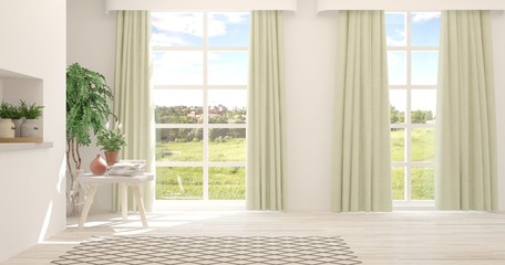 Stylish empty room in white color with summer landscape in window. Scandinavian interior design. 3D illustration