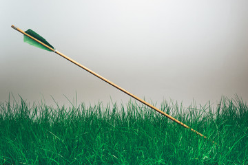 One wood arrow. Beautiful gray background. Medieval weapons are handmade.