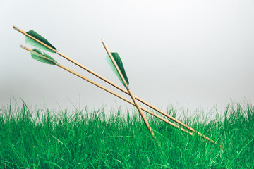 Three wood arrow. Beautiful gray background. Medieval weapons are handmade.