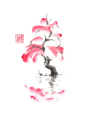 Herbstbaum und Storch über Wasser Japanische Art original Sumi-e Tuschemalerei. © msokolyan