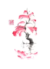 Herbstbaum und Storch über Wasser Japanische Art original Sumi-e Tuschemalerei. © msokolyan