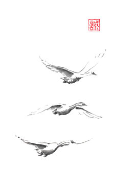 Three flying swans Japanese style original sumi-e ink painting.