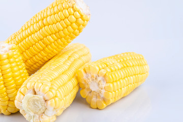 fresh raw sweet corn on the cob kernels over white background