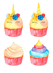 Pink magic set of cute unicorn cupcakes. Watercolor illustration. Isolated on a white background.