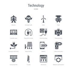 set of 16 vector icons such as website optimization, wireframe, tv side, horizontal film strip, little camcorder, baterry, solar battery, ecologic electricity from technology concept. can be used