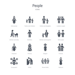 set of 16 vector icons such as bedouin, round table, effort, ecosystem, friends, elegant, princes, empress from people concept. can be used for web, logo, ui\u002fux
