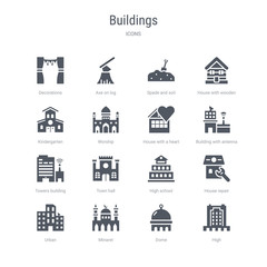 Fototapeta na wymiar set of 16 vector icons such as high, dome, minaret, urban, house repair, high school, town hall, towers building transmission from buildings concept. can be used for web, logo, ui\u002fux