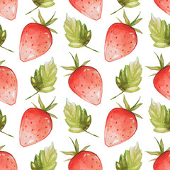 Watercolor strawberry pattern on white background. Hand drawn sealess illustration for print, menu, texture.