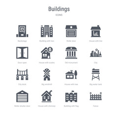 set of 16 vector icons such as fance, building with flag, house with chimney, roller shutter door, big water tank, house with tree, big windmill, city dock from buildings concept. can be used for