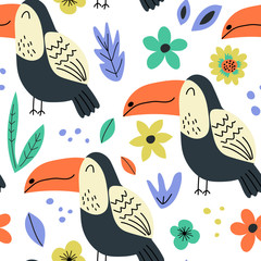 Hand drawn seamless background with toucans and flowers.Pattern with cute design. Scandinavian style design. Vector illustration