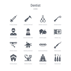 set of 16 vector icons such as dental hook, dental house, dental monitor, plaque, probe, prosthesis, protection, veneer from dentist concept. can be used for web, logo, ui\u002fux