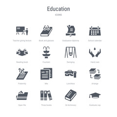 set of 16 vector icons such as graduate cap, 3d dictionary, three books, open file, arrange, lunchbox, mie, fraternity from education concept. can be used for web, logo, ui\u002fux