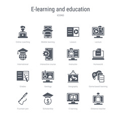 set of 16 vector icons such as distance teacher, e learning, scholarship, fountain pen, game-based learning, geography, geology, grades from e-learning and education concept. can be used for web,