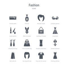 set of 16 vector icons such as clothing stitches, polo shirt for women, hair wig with side, skirt with slit and belt, female swimsuit, strapless tube dress, hobo shoulder bag, dangling earrings from
