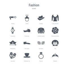 set of 16 vector icons such as diadem, fiance, cylinder hat, barrette, tux, cat eyes, one shoe, monarchy from fashion concept. can be used for web, logo, ui\u002fux